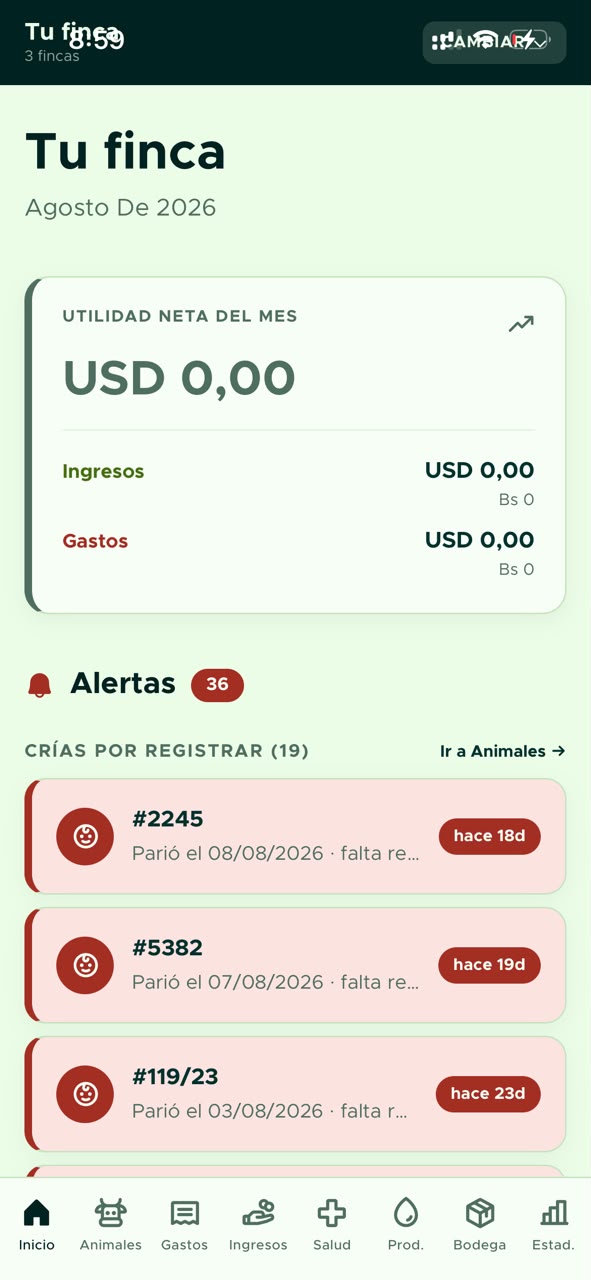 Pantalla de inicio de AGRON: utilidad neta del mes con ingresos y gastos, alertas y crías por registrar de la finca.